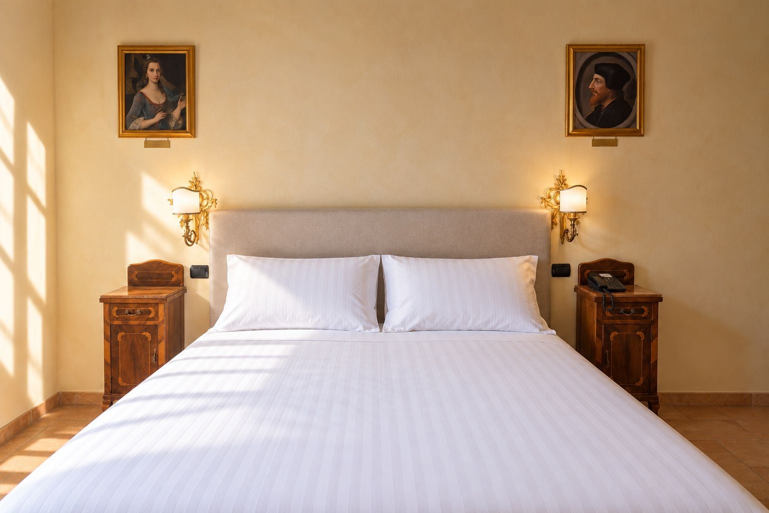 A hotel room with a large bed, two bedside tables with lamps, and two framed portraits on the walls.