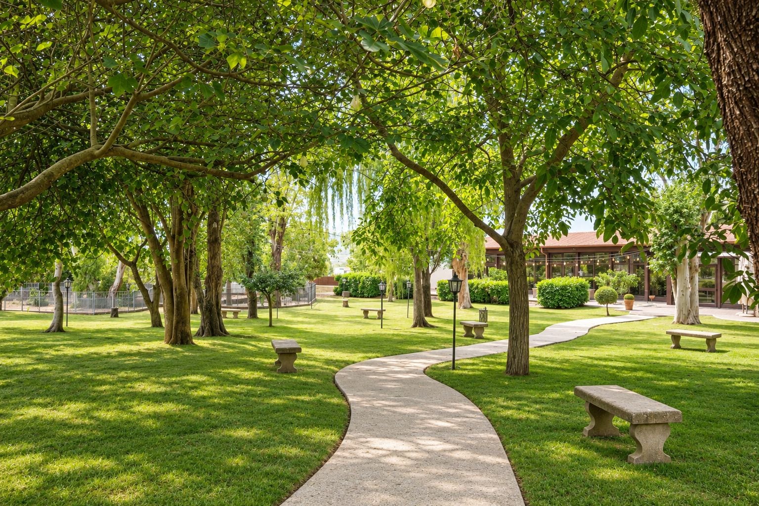 A park with a curved pathway, benches, and trees.