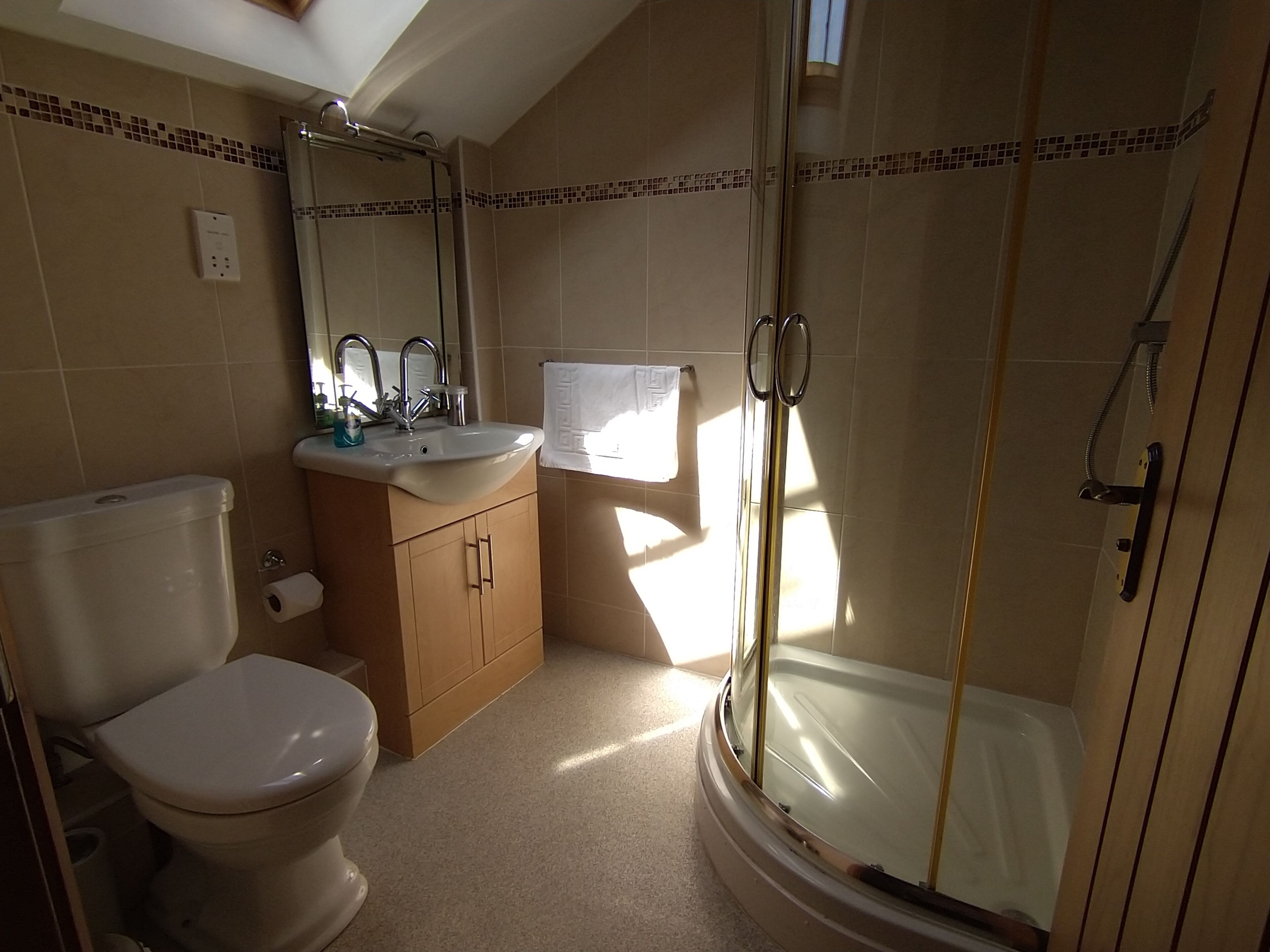 Een badkamer met toilet, wastafel en douche.