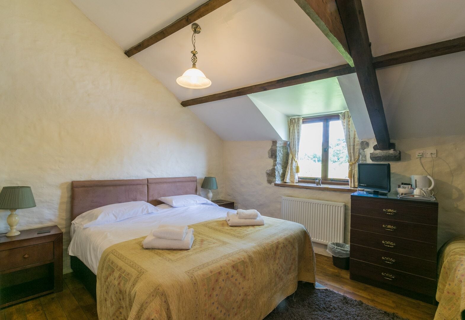 A bedroom with a large bed, a dresser, a window with curtains, a radiator, and a television on a dresser.