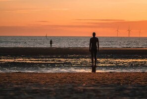 Una spiaggia con una persona in piedi rivolta verso l'oceano, e turbine eoliche in lontananza.