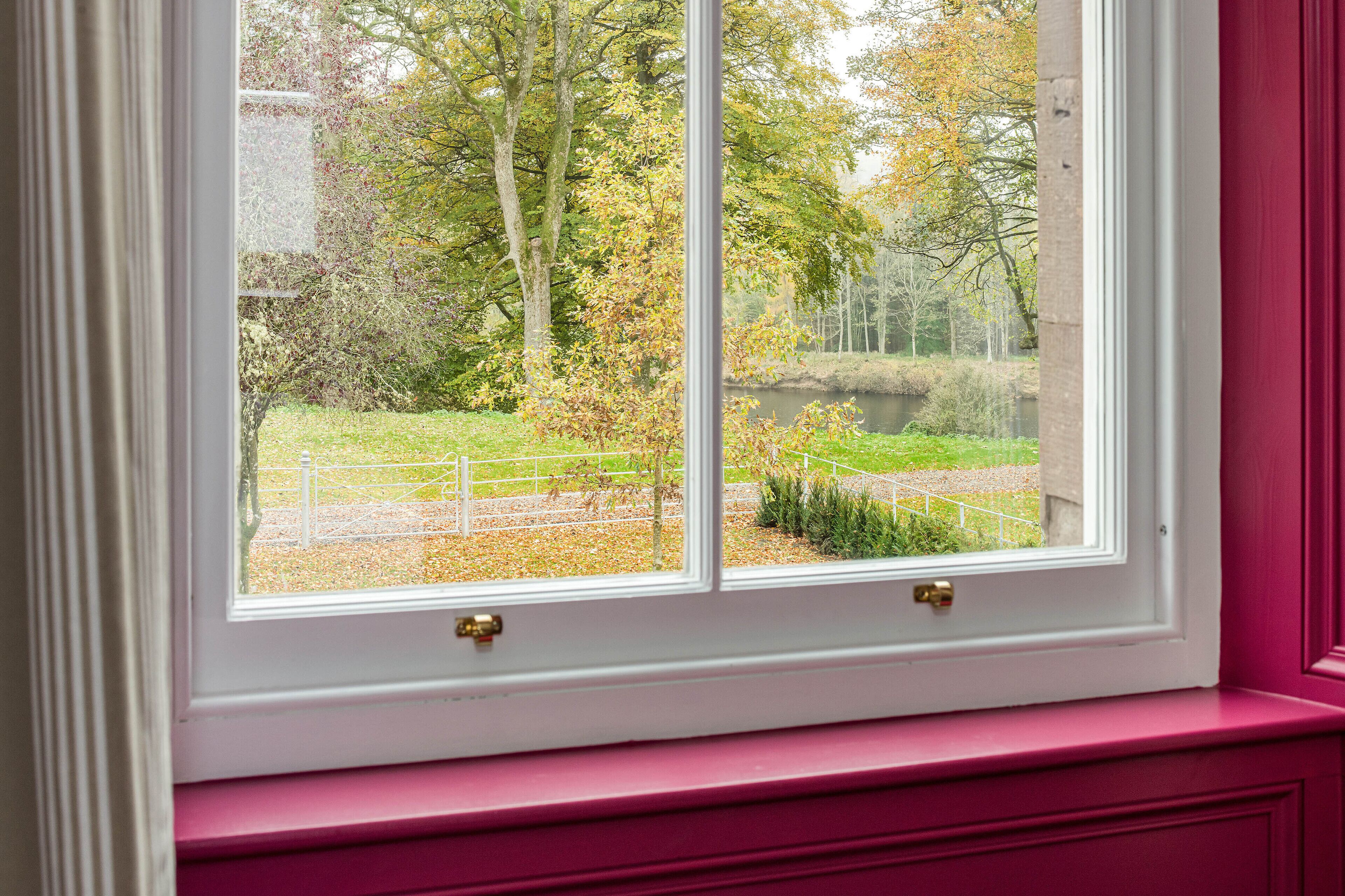 A window with a view of a park and a body of water.