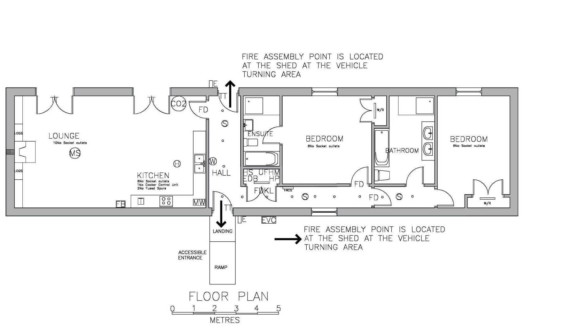 A floor plan of a vehicle with a lounge, kitchen, bedroom, bathroom, and landing area.