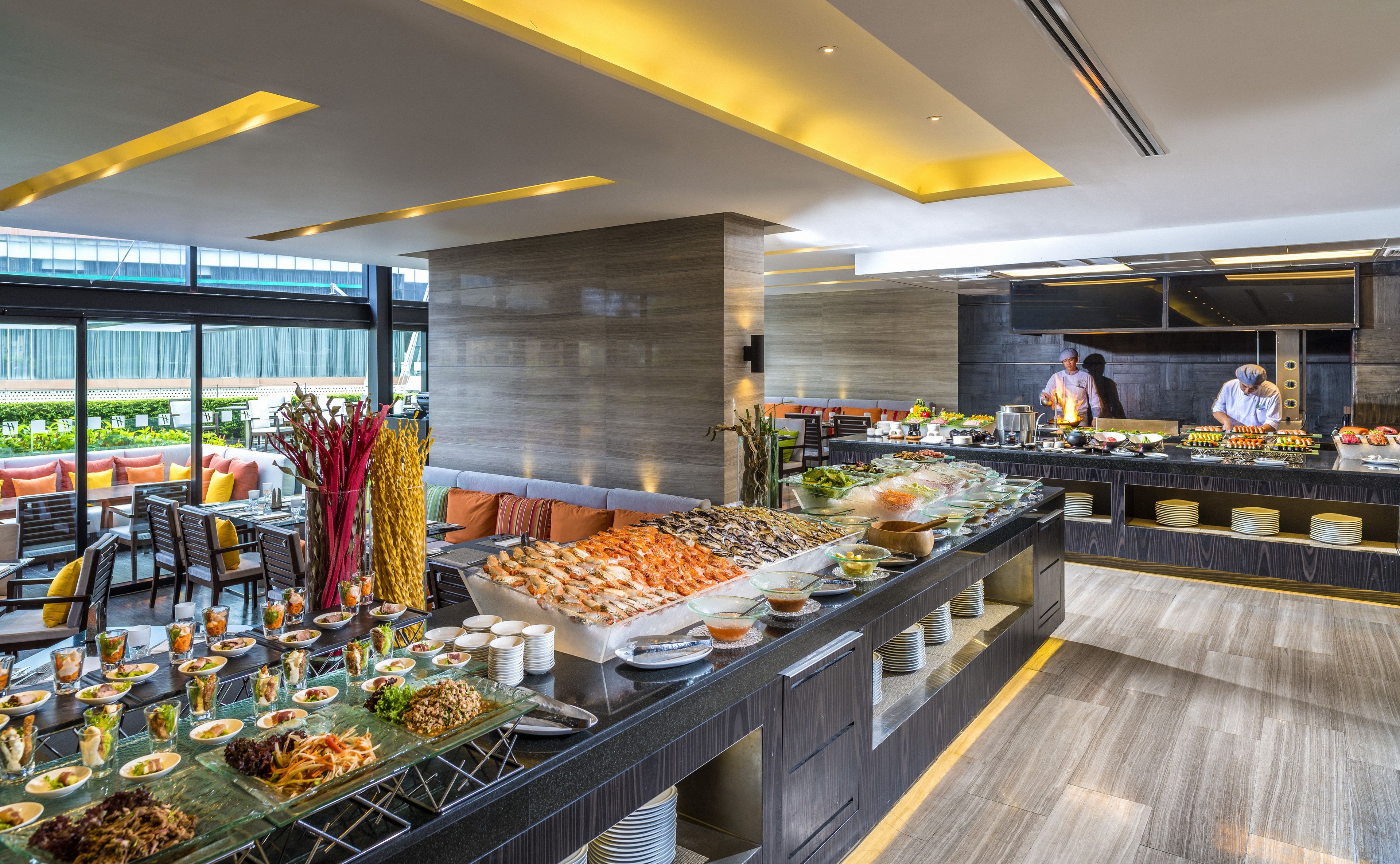 Breakfast, lunch, dinner served; international cuisine, pool views 