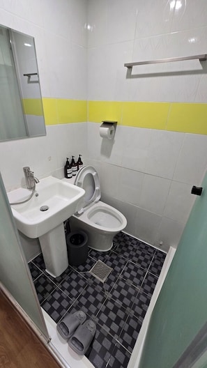 Deluxe-herbergi fyrir tvo, tvö rúm | Baðherbergi | Sturta, hárblásari, inniskór, handklæði