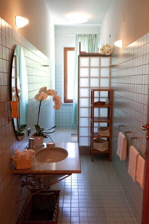 Bañera con ducha, artículos de tocador gratuitos, secador de pelo
