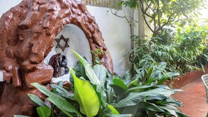 A garden with a rock formation, a Star of David, and various plants. - Hotel La Casona (Iquitos)