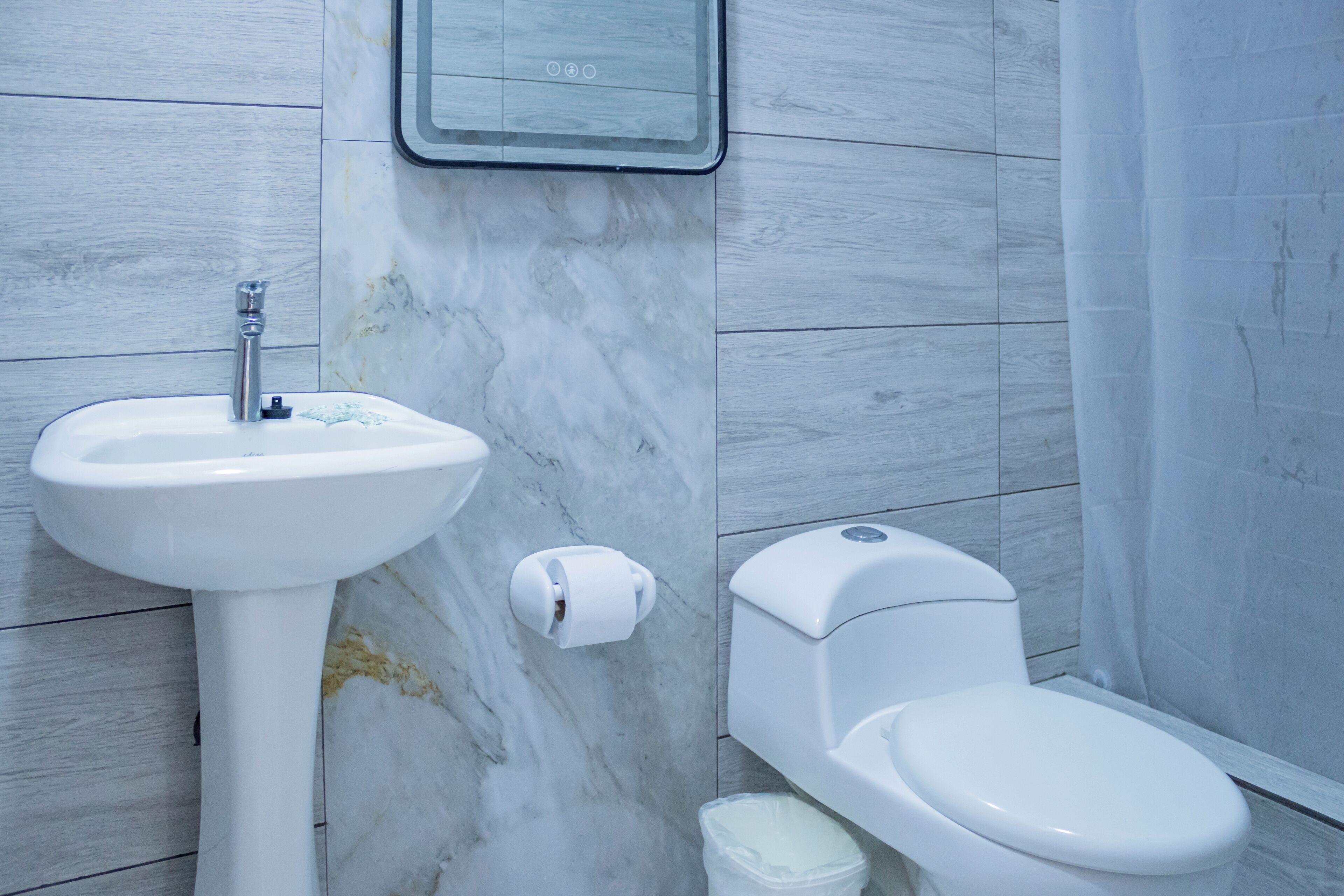 superior single room | bathroom | shower, towels, soap, toilet paper