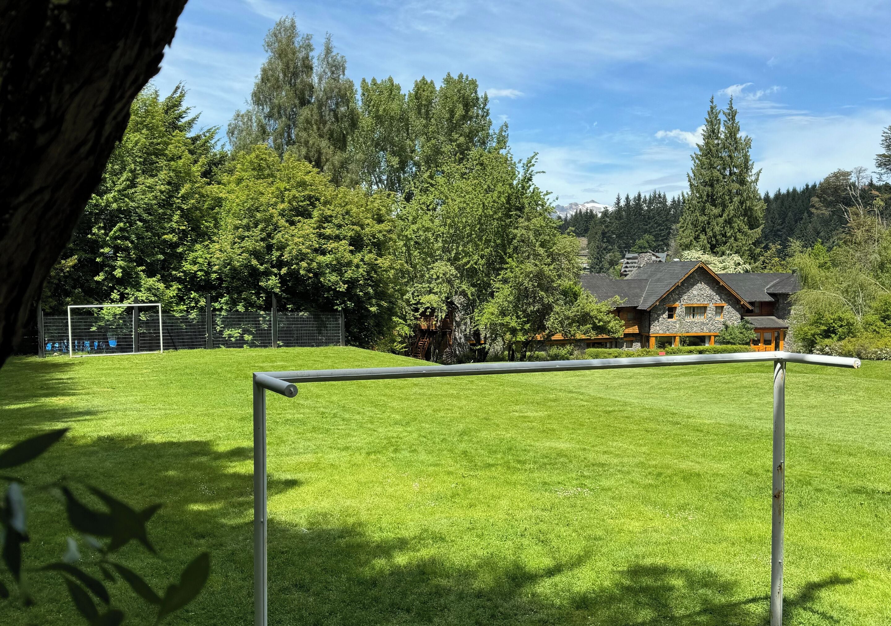 Een verzorgd gazon met een metalen constructie, waarschijnlijk een klimrek, op de voorgrond. Achtergrond: een huis met een stenen gevel en een schuin dak, omringd door dichte bomen en een heldere lucht.