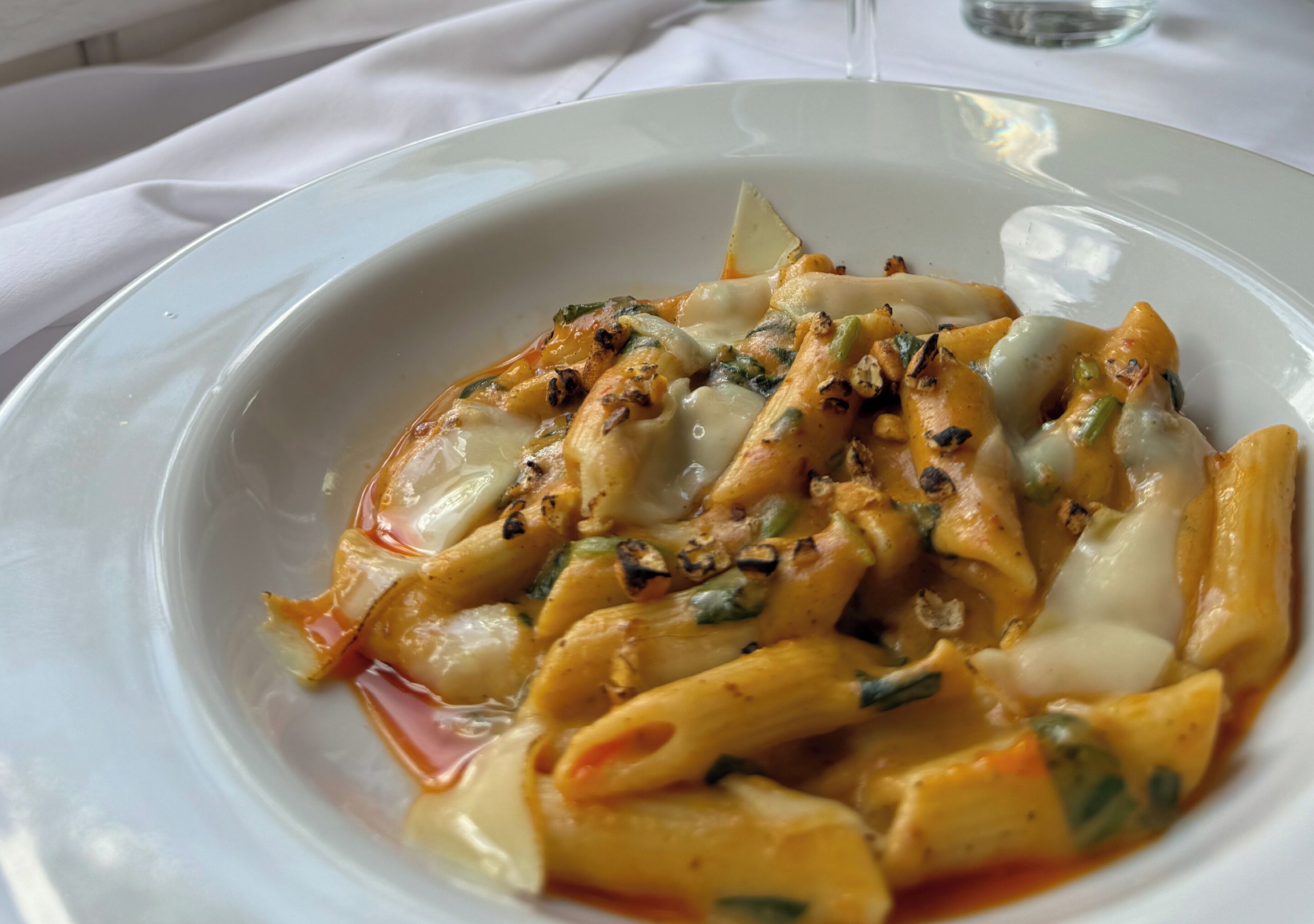 Un plato de pasta con salsa cremosa, adornado con hierbas y queso.