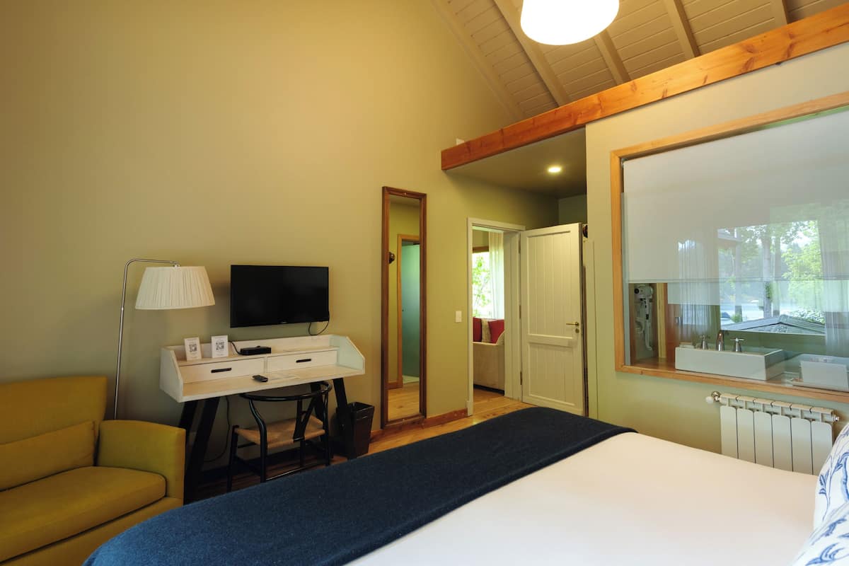 Une chambre d’hôtel comprenant un lit, un bureau avec un téléviseur à écran plat, une lampe, un canapé et un grand miroir.