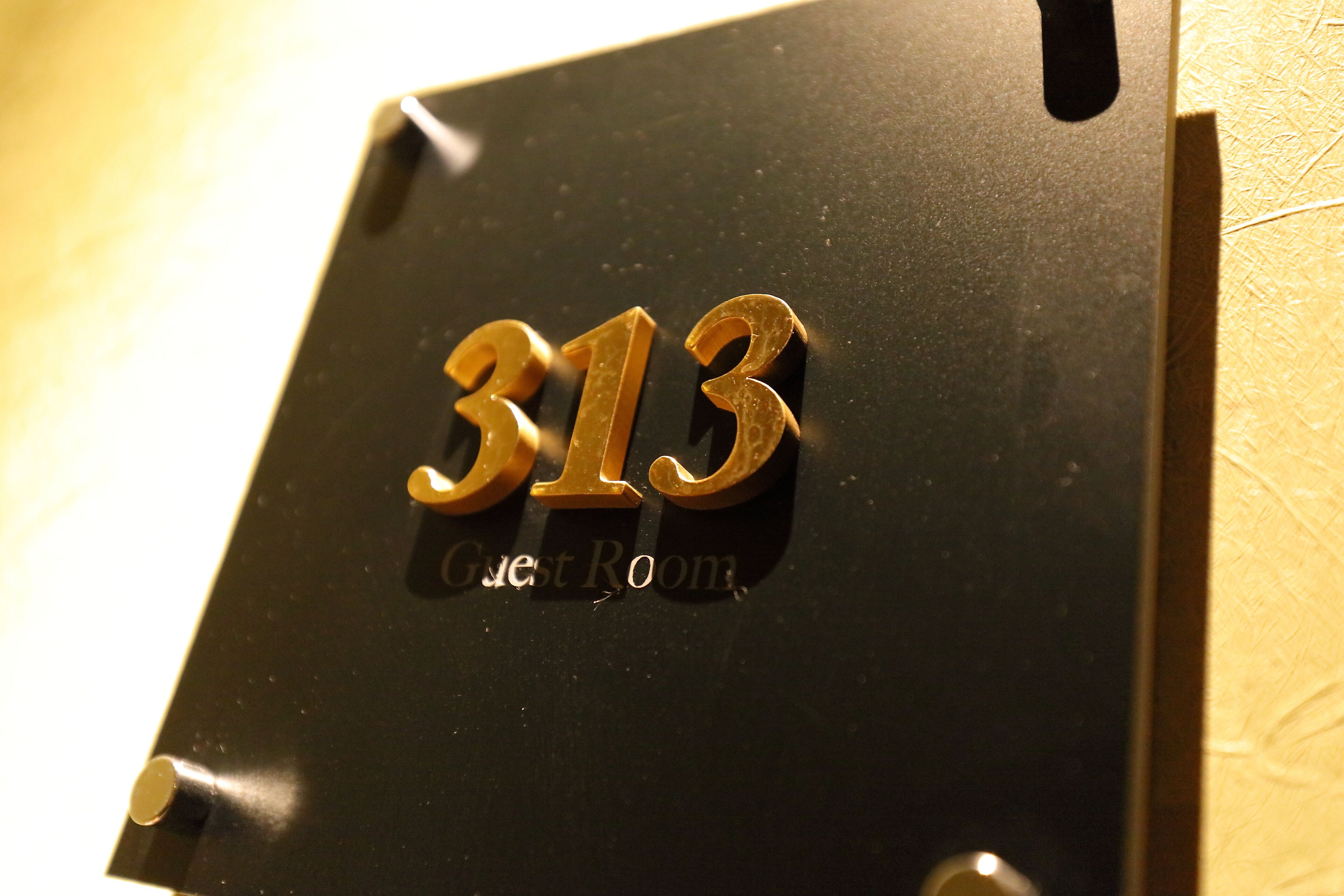 Un letrero negro con el número 313 y la inscripción 'Guest Room', indicando el número de una habitación de hotel.
