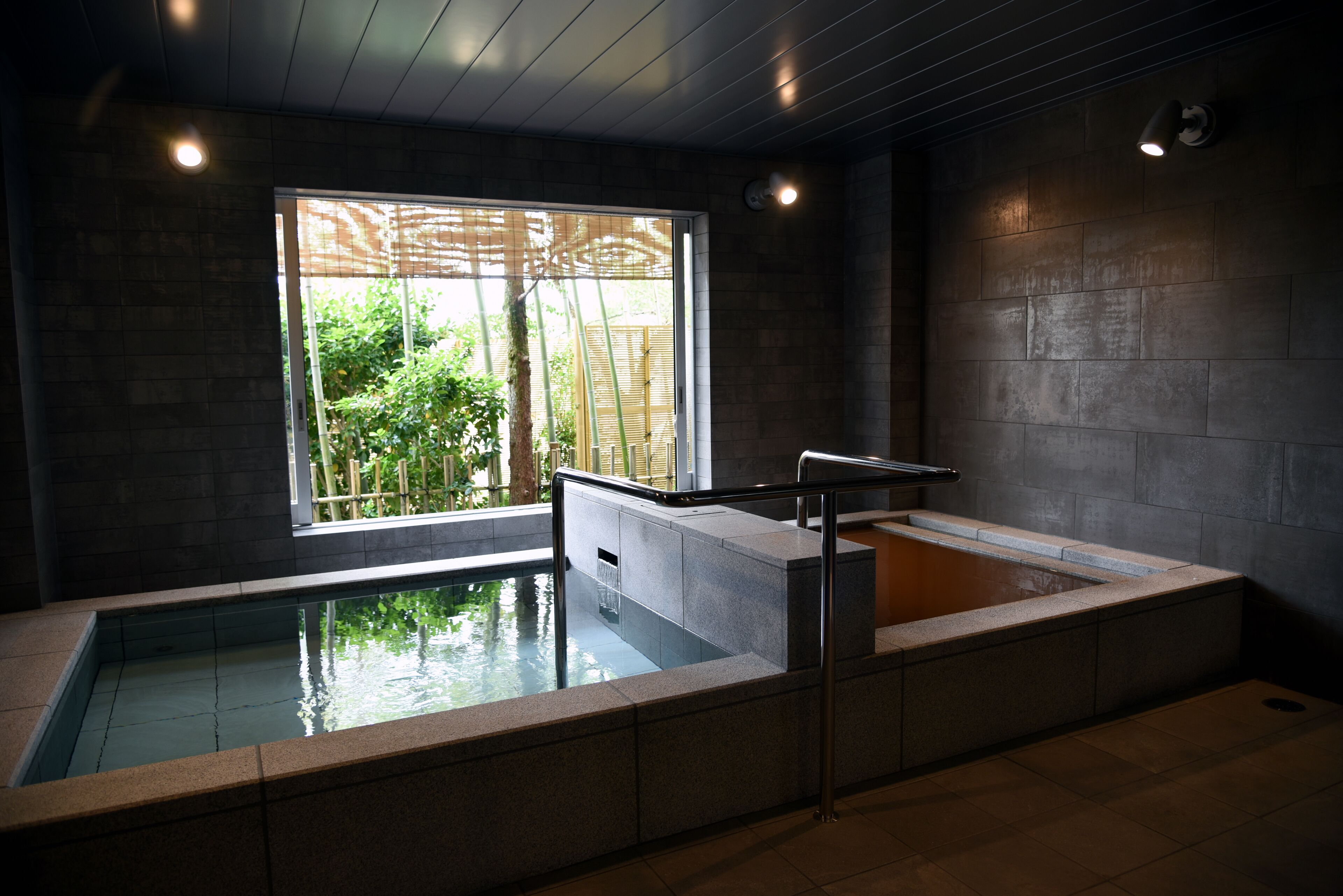 Un área de piscina interior moderna con vistas a zonas verdes, un espacio de descanso con barandilla y una sección de hidromasaje separada.