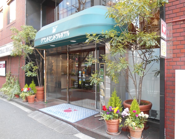 Entrada de un hotel con toldo verde, plantas en macetas y felpudo.