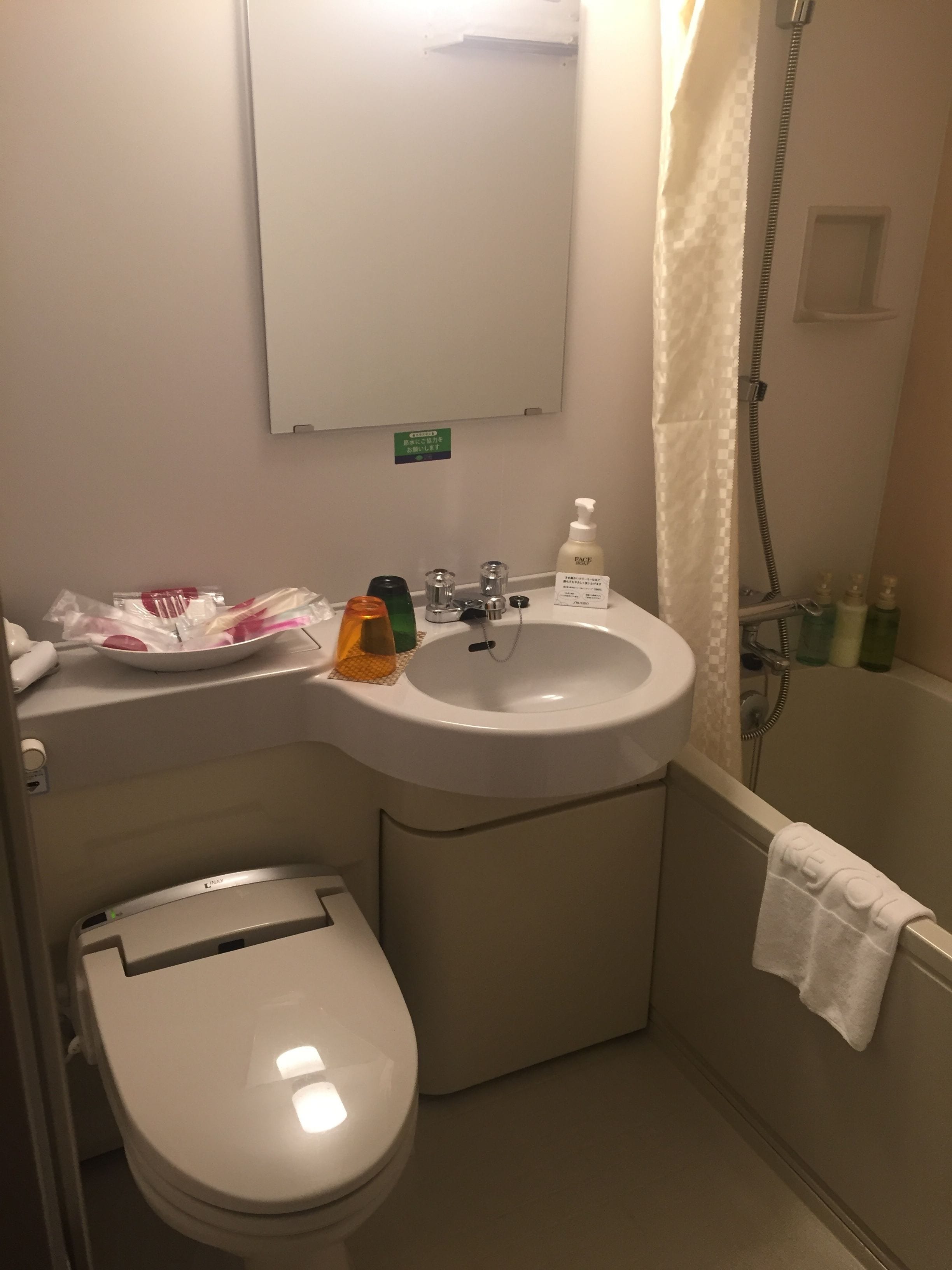 combined shower/bathtub, free toiletries, hair dryer, bathrobes