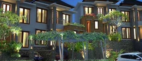 Konaklama yerinin ön cephesi - akşam/gece