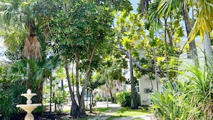 Un jardin agrémenté d’un sentier en pierre, d’une fontaine décorative et de diverses plantes tropicales.