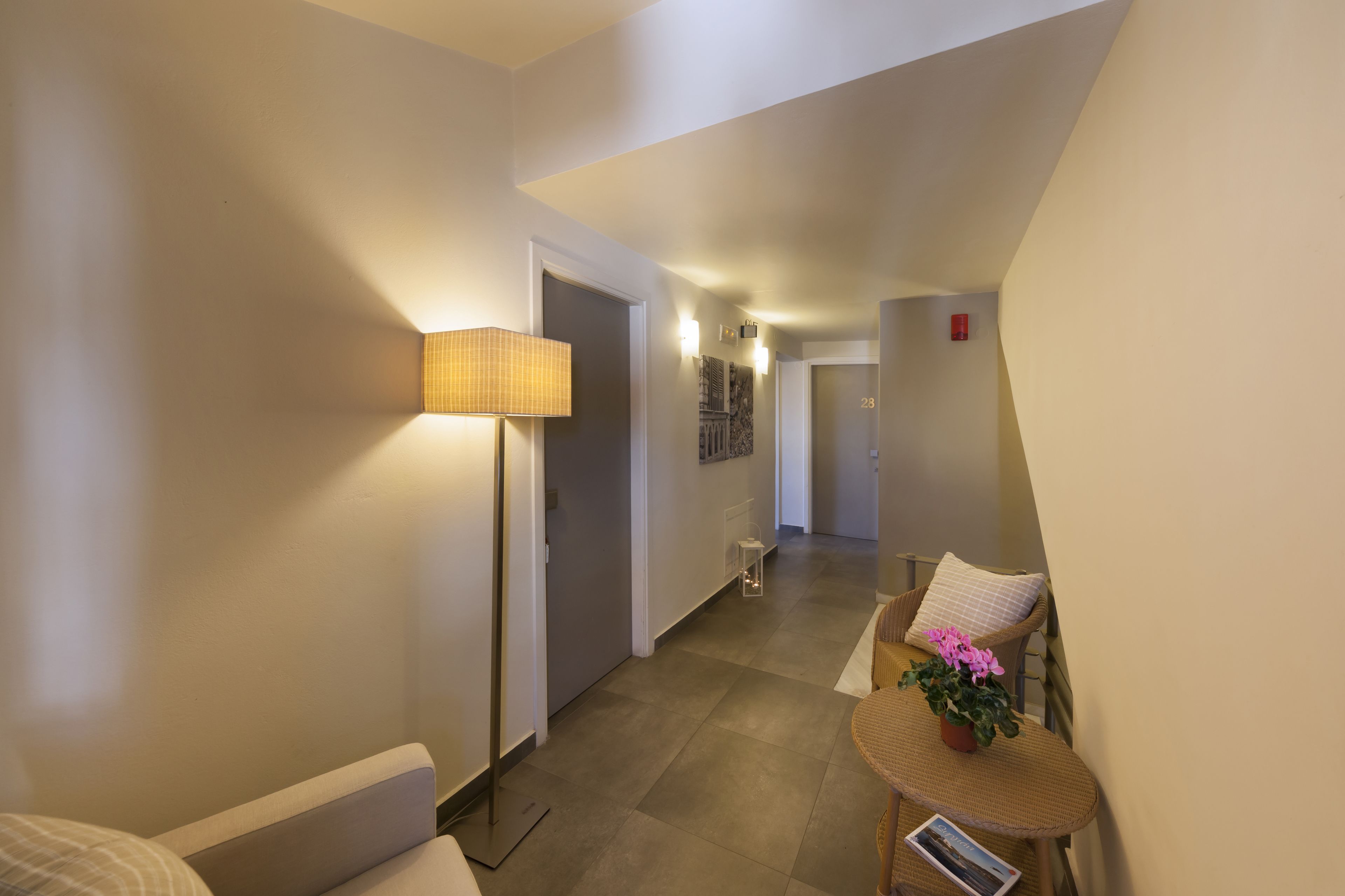 A hallway with a lamp, a chair with a plant, and a door.