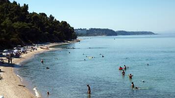 A beach with people swimming and sunbathing, a sandy shore, and a forested hillside.