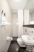 Shower, rainfall showerhead, free toiletries, hair dryer