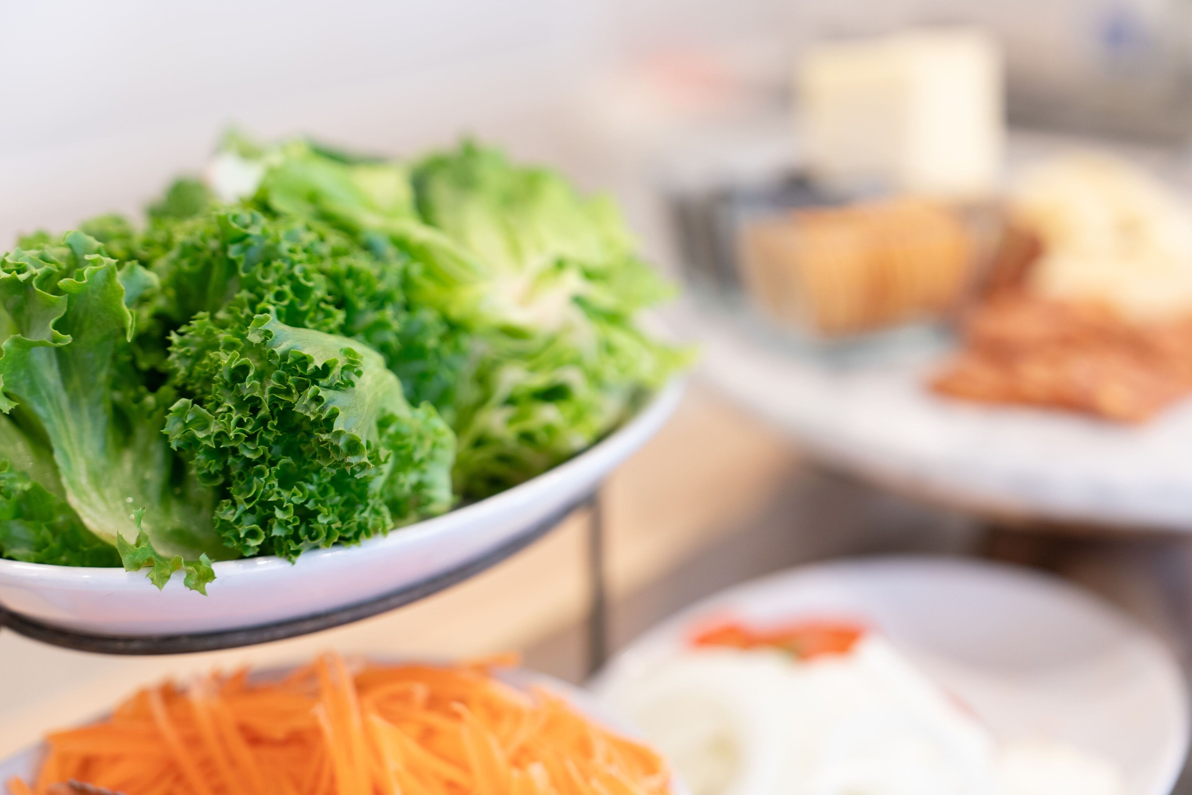 Eine Salatschüssel mit Blattsalaten und geriebenen Karotten, ein Teller mit weißer Soße und ein Stück Brot.