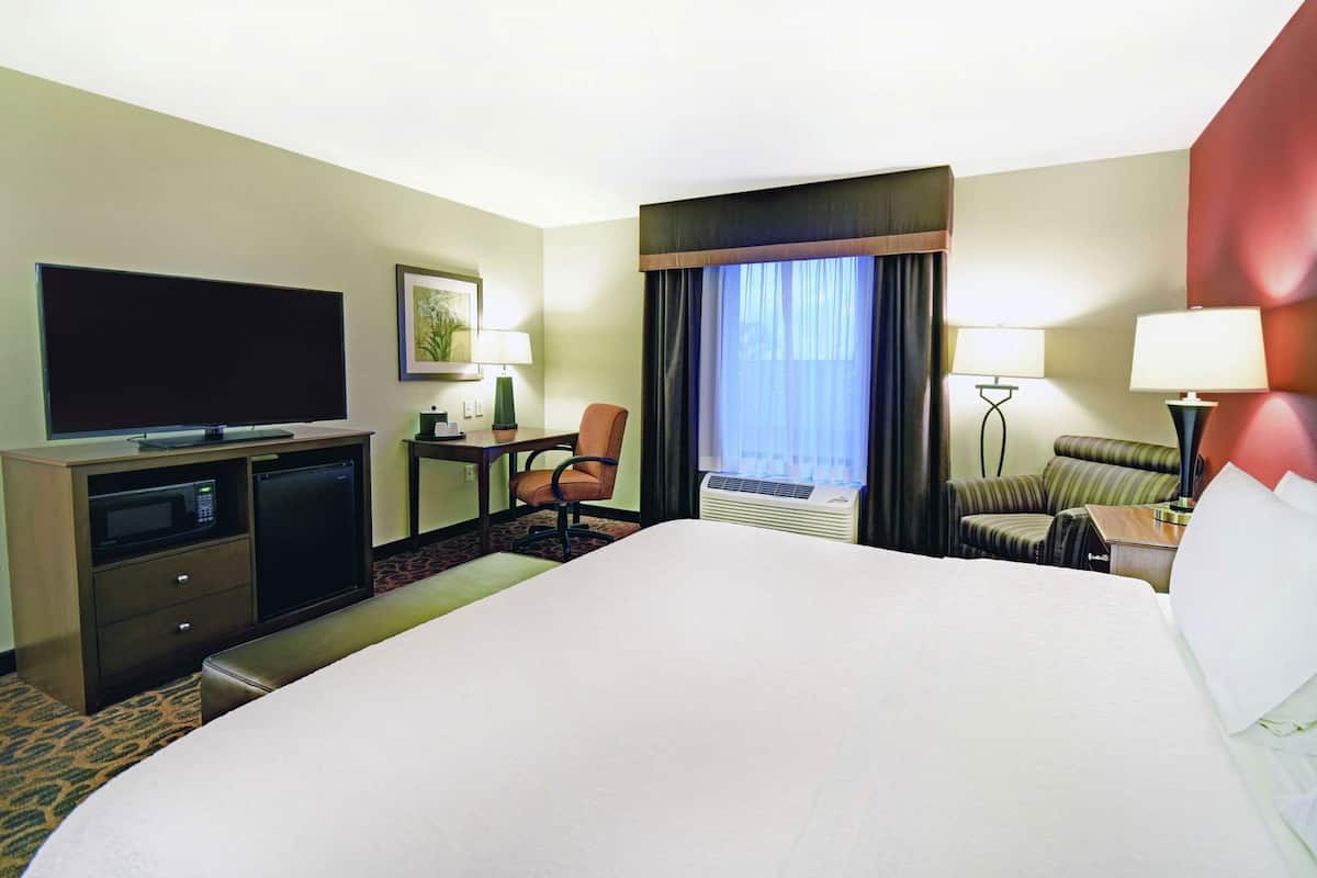 A hotel room with a large bed, a desk with a flat-screen TV, a chair, a sofa, and a window with curtains.