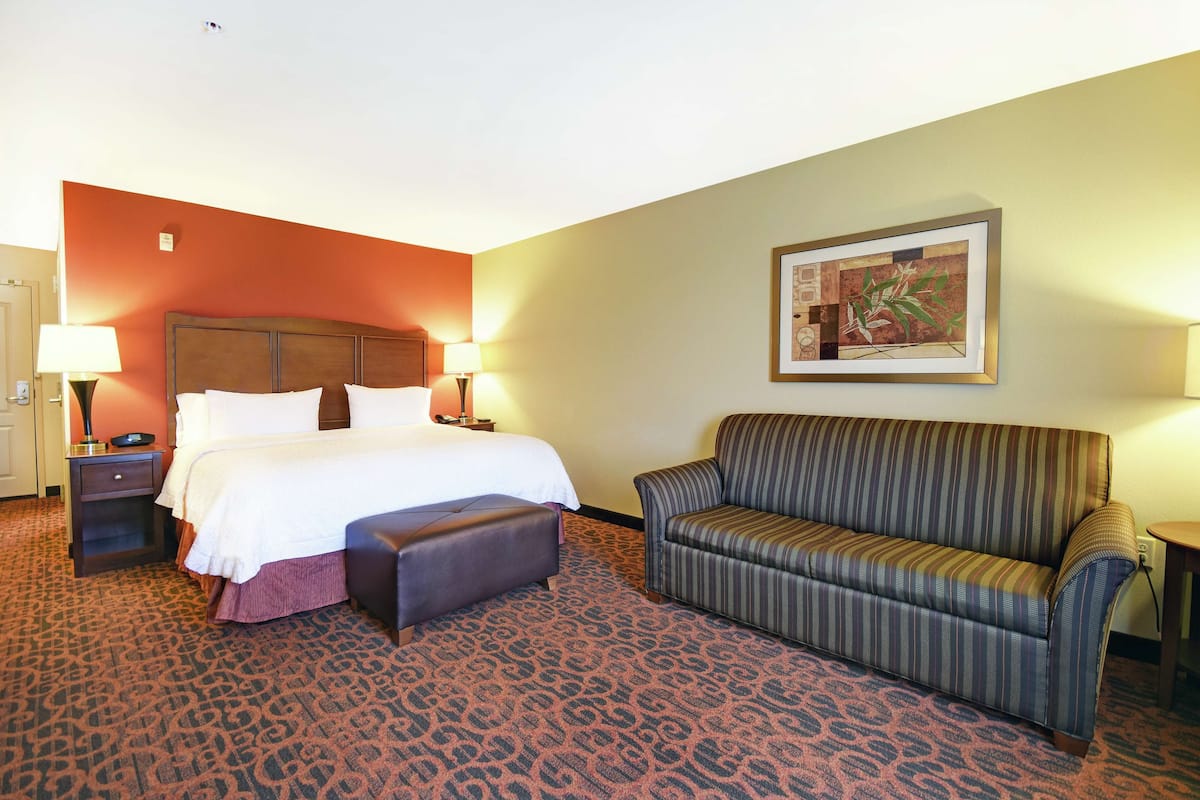 A hotel room with a bed, a sofa, a nightstand, a lamp, and a framed picture on the wall.