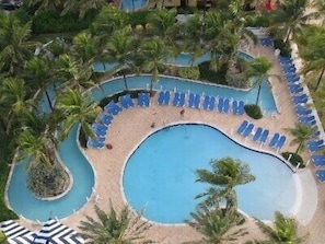 Outdoor pool, pool umbrellas, pool loungers