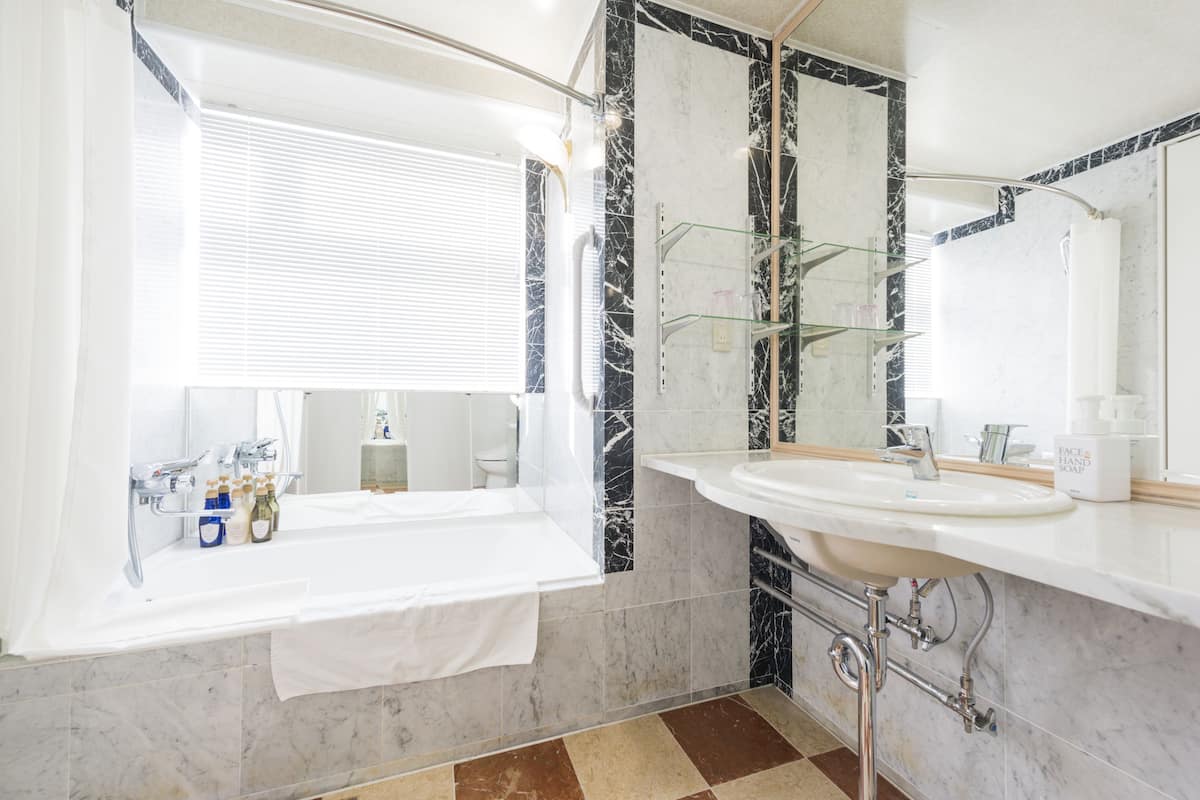 combined shower/bathtub, free toiletries, hair dryer, slippers