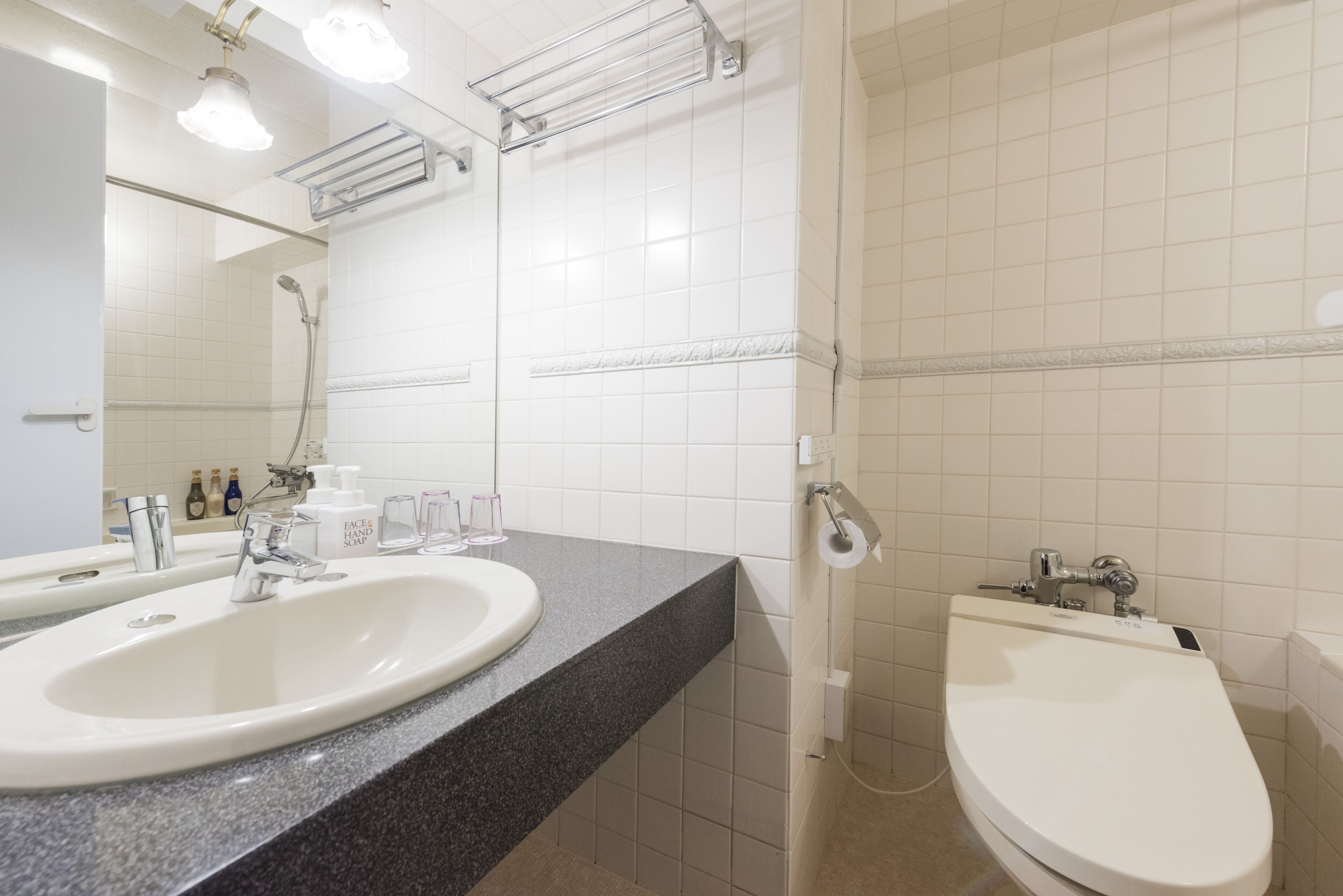 Un bagno con lavandino bianco, uno specchio, una doccia e un water.