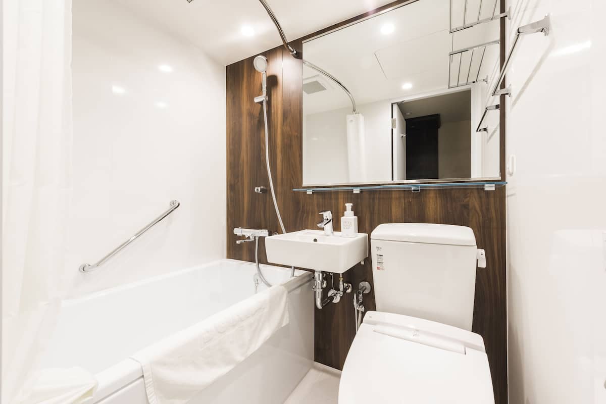 combined shower/bathtub, free toiletries, hair dryer, slippers