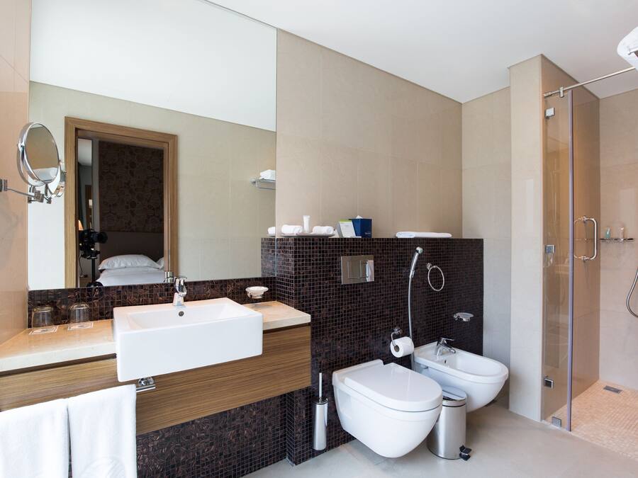 A modern bathroom with a sink, toilet, bidet, and shower.