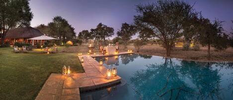 Outdoor pool, pool umbrellas, pool loungers