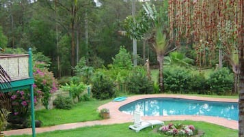 Outdoor pool, pool umbrellas, pool loungers