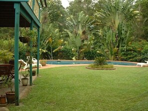 室外游泳池，池畔遮阳伞，日光浴躺椅