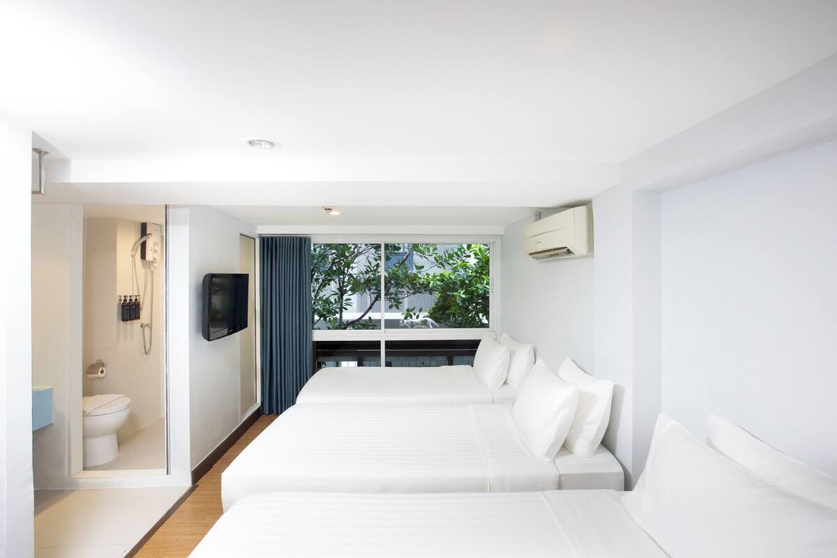 A modern hotel room with a large bed, a TV, a window with a view of trees, and a shower area.