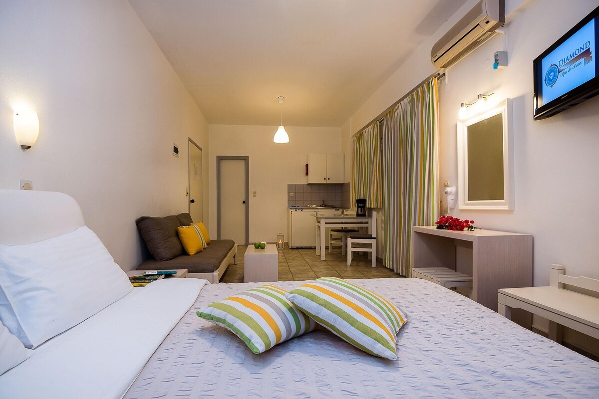 A hotel room with a bed, a small desk, a chair, a sofa, a TV, and a kitchenette.