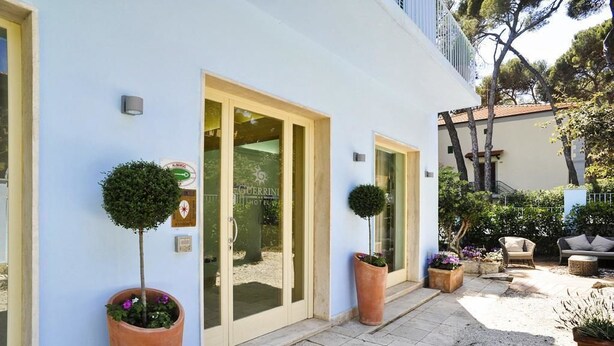 A hotel entrance with a light blue facade, large glass doors, and potted plants. - Guerrini Hotel (Rosignano Marittimo)