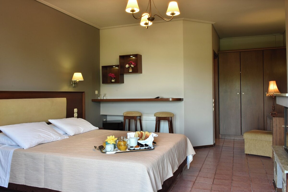 A hotel room with a bed, bedside tables, a small kitchenette, and a seating area.