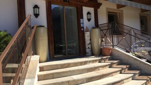 A stone staircase leading to a building entrance with large potted plants and a wooden ceiling.