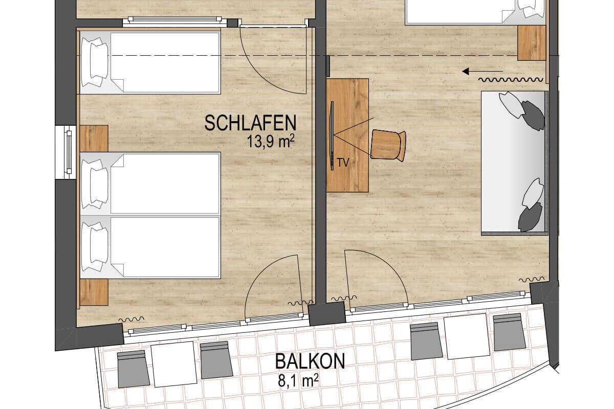 Grundriss eines Hotels mit Wohnzimmer, Küche, zwei Schlafzimmern, einem Badezimmer und einem Balkon. Im Wohnzimmer befindet sich ein Fernseher.