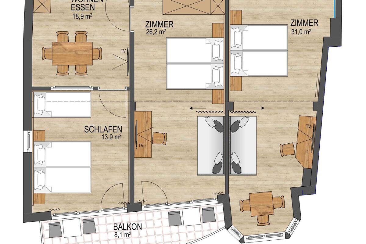 Ein Grundriss mit Balkon, zwei Schlafzimmern, einem Wohnzimmer, einer Küche und zwei Bädern sowie einem Balkonbereich.
