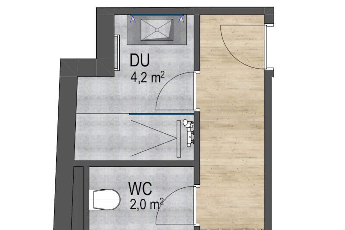 Grundriss mit Küche (18,9 m²), Wohnzimmer (13,9 m²), Bad (2,0 m²) und Schlafzimmer (4,2 m²).