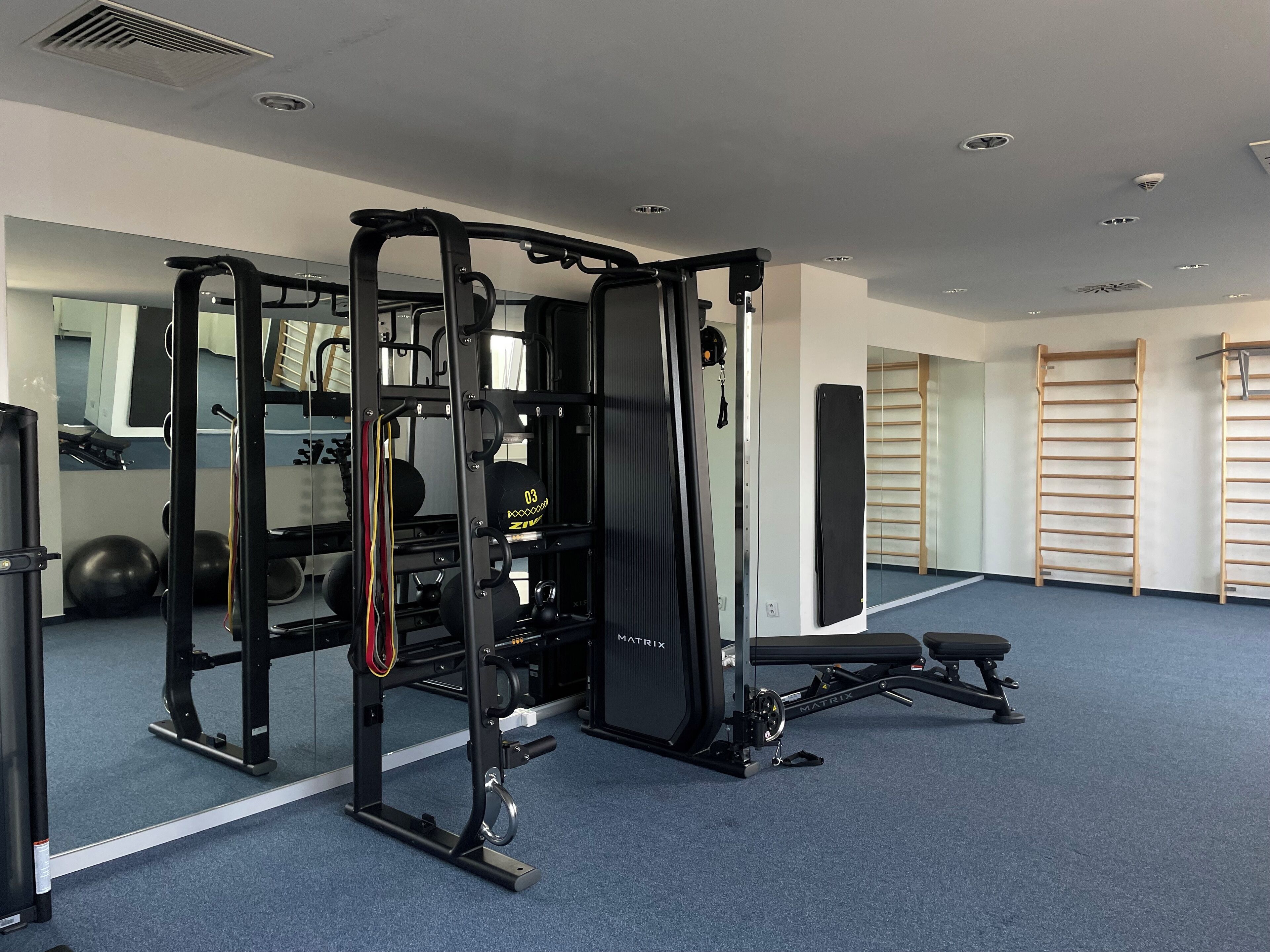 Un gimnasio con una estructura para sentadillas, discos de pesas y un banco.