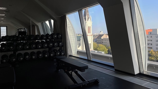 Un gimnasio con una banca, mancuernas y una cinta de correr.