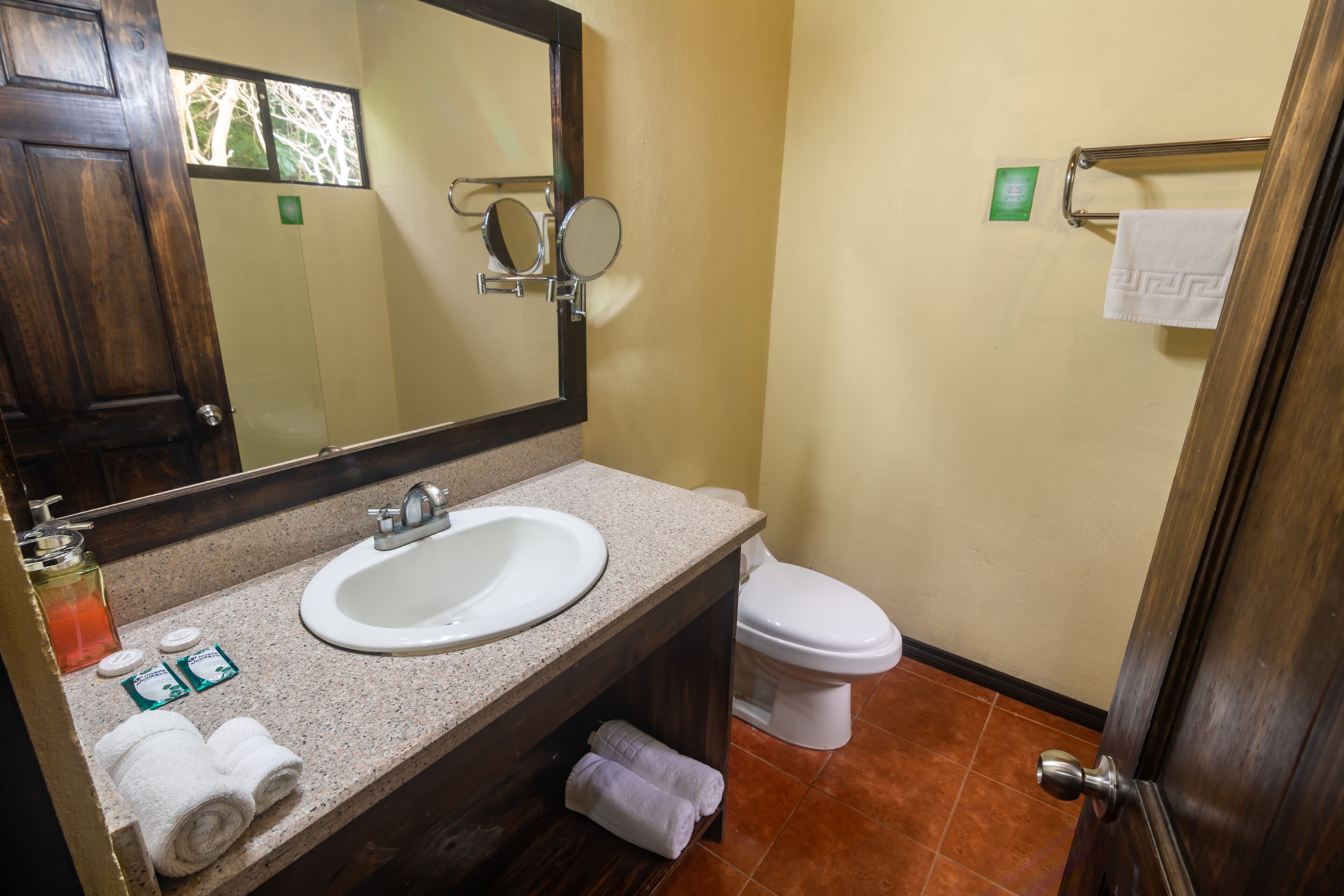 Casa de banho com lavatório, espelho e sanita. Há toalhas e produtos de higiene no balcão.