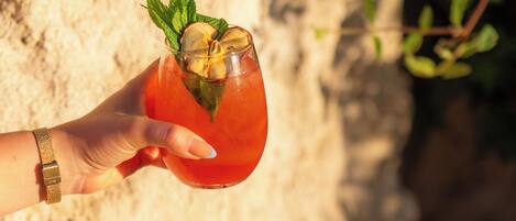 A hand holding a glass with a red beverage, garnished with mint leaves and lemon slices, against a backdrop of a textured wall and greenery.