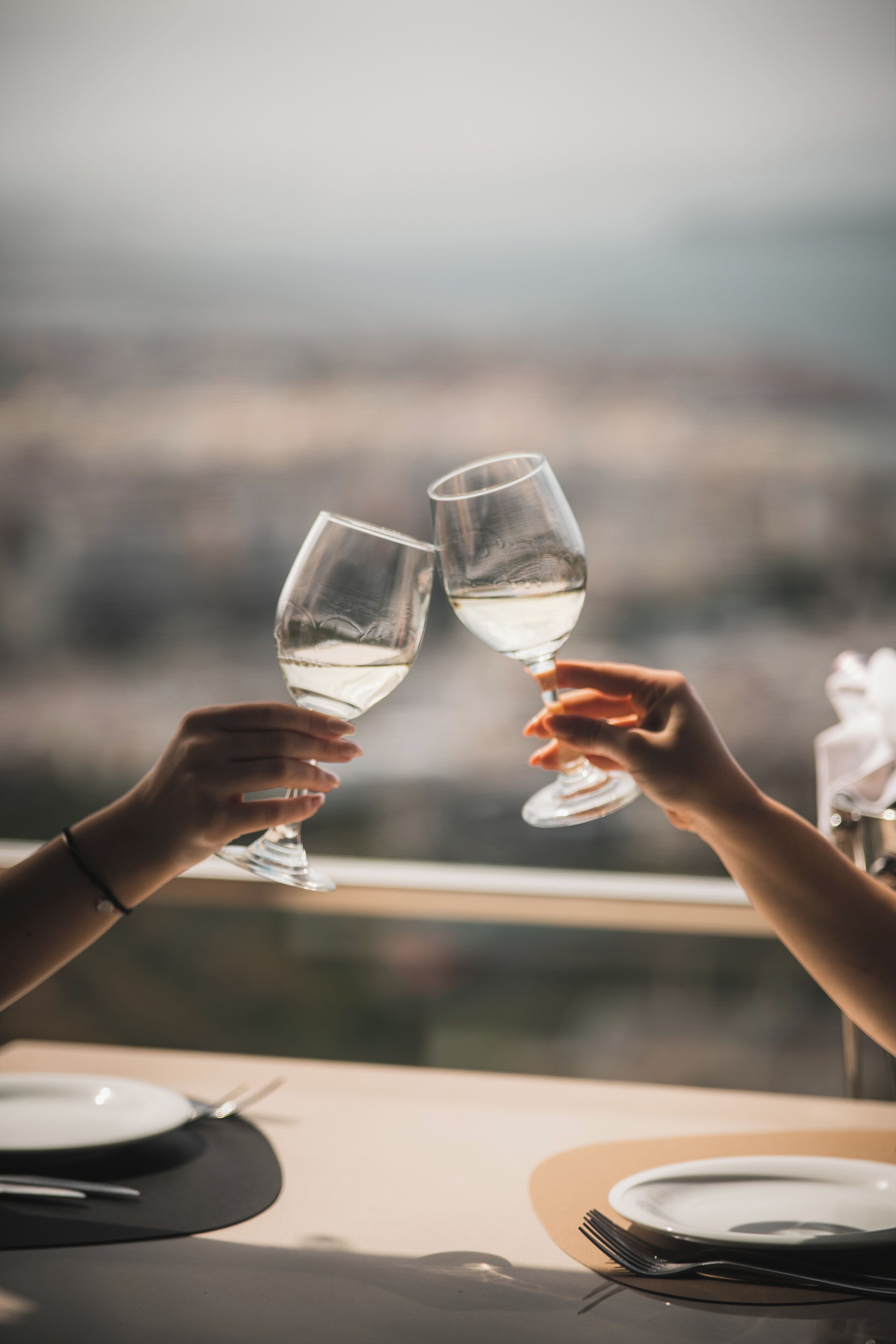 Two hands holding wine glasses at a table with a view.