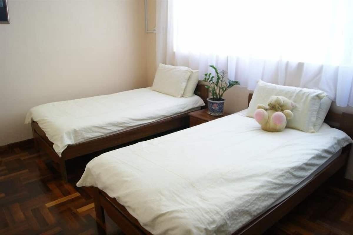 A room with two single beds, a wooden floor, a potted plant, and a teddy bear on one bed.