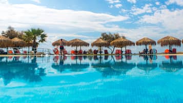 Outdoor pool, pool umbrellas, pool loungers